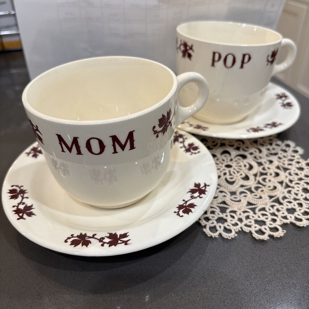 Vtg Universal Potteries MOM and POP Cup & Saucer Maroon Maple Leaf USA 4 Pcs